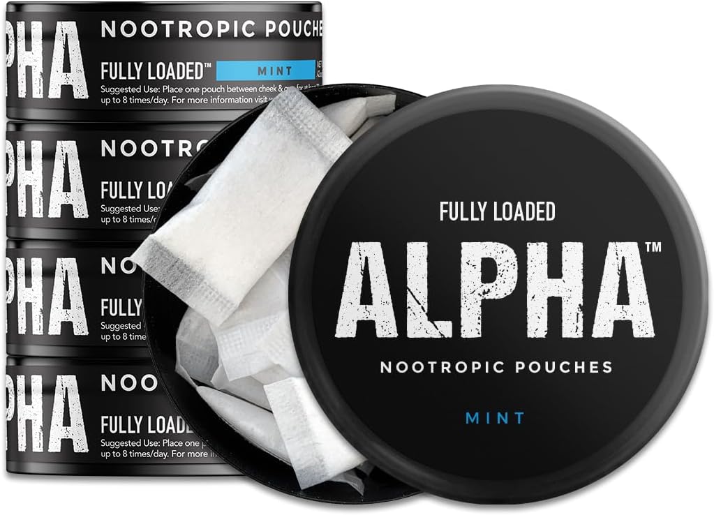 Teljesen betöltve Alfa Nootropic Pouches (Menta) - 5 Cans - 15 Pouches per can - Hatékony Nootropic Szállítás, Nic Pouch csere - gyorsabb abszorpció, Alpha GPC, L- Tirosine, GABA