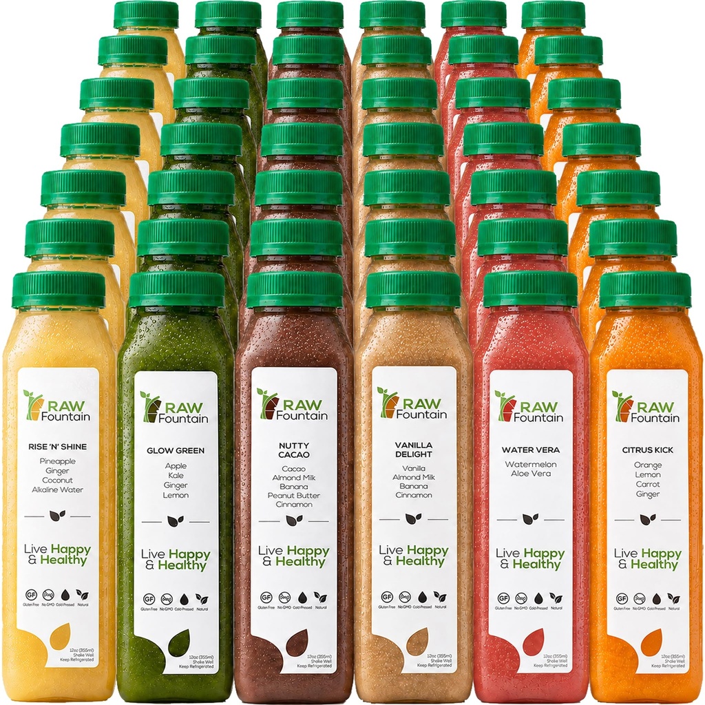 7 Day Protein Juice Cleanse by Raw Fountain, All Natural Raw Detox Cleanse, Cold Pressed Fruits, Vegetables, Vanilla and Chocolate Flavor, Kosher, Vegan, NO Sugar Added, 42 Bottles 12oz