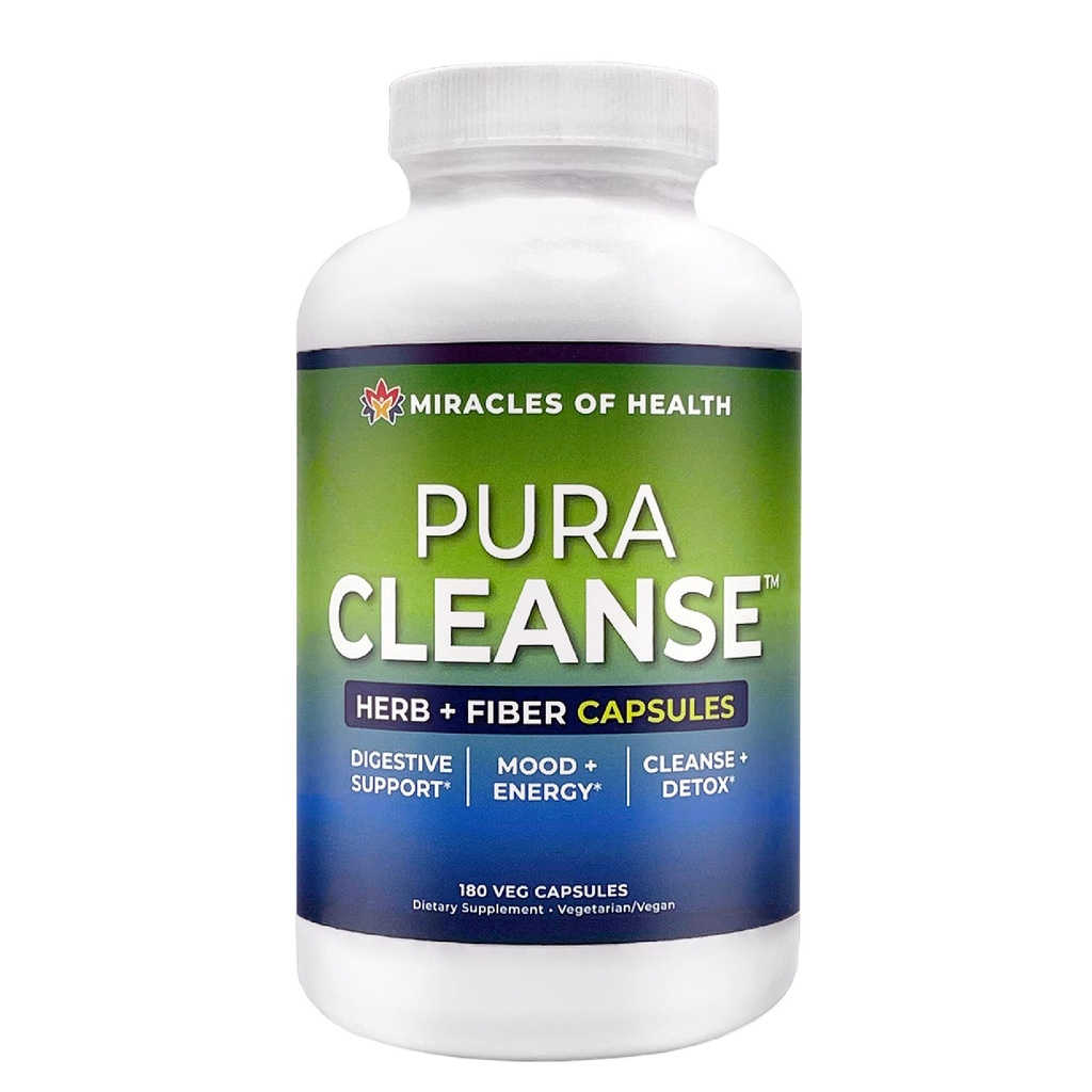 Pura Cleanse Fiber Caps | 100% Natural Herb and Fiber Detox Capsules - Daily Cleanse and Detox for the Colon, Skin, Lungs and Kidneys - 1 Month Supply