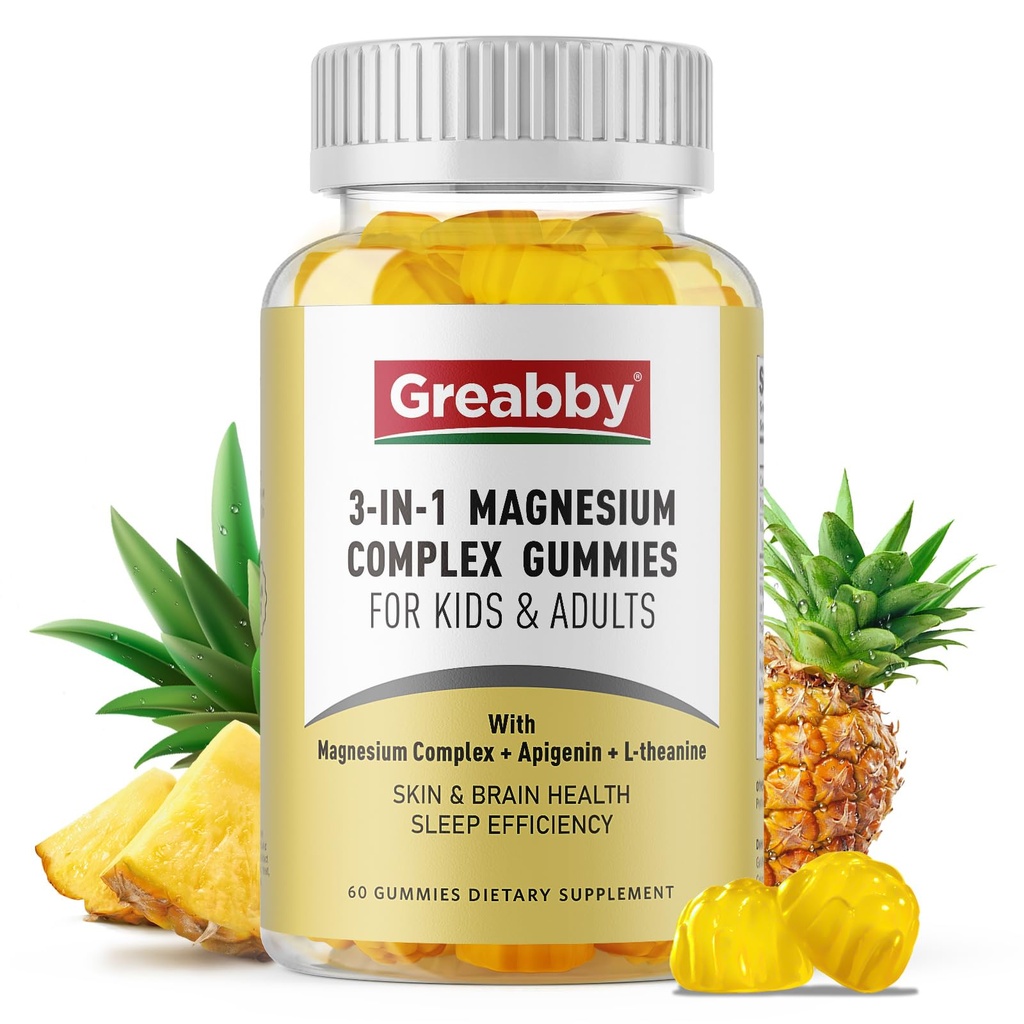 Triple Magnézium Complex Gumies - 800mg Magnézium Glicinate & Citrate, Apigenin & L- Theanine, gyerekeknek és felnőtteknek, természetesen alvászavarok és izomgörcsök (60 gróf)