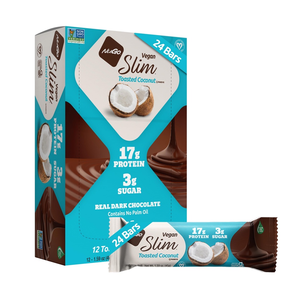 Nugo Slim Dark Chocolate Tagged Coconut, 16g Vegan Protein, 3g Sugar, 7g Fiber, Low Net Carb, Keto Friendly, Gluten Free, 24 Count