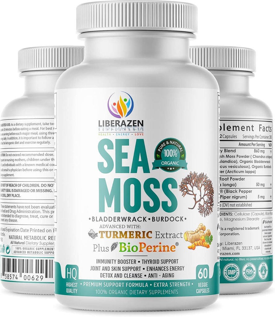 Organic Irish Sea Moss Pills - Wildmacked Dr. Sebi Inspelled Seamoss Blend with Turmeric, Burdock Root & Bladderwrack, Enhanced with Black Pepper - 60 kapszula