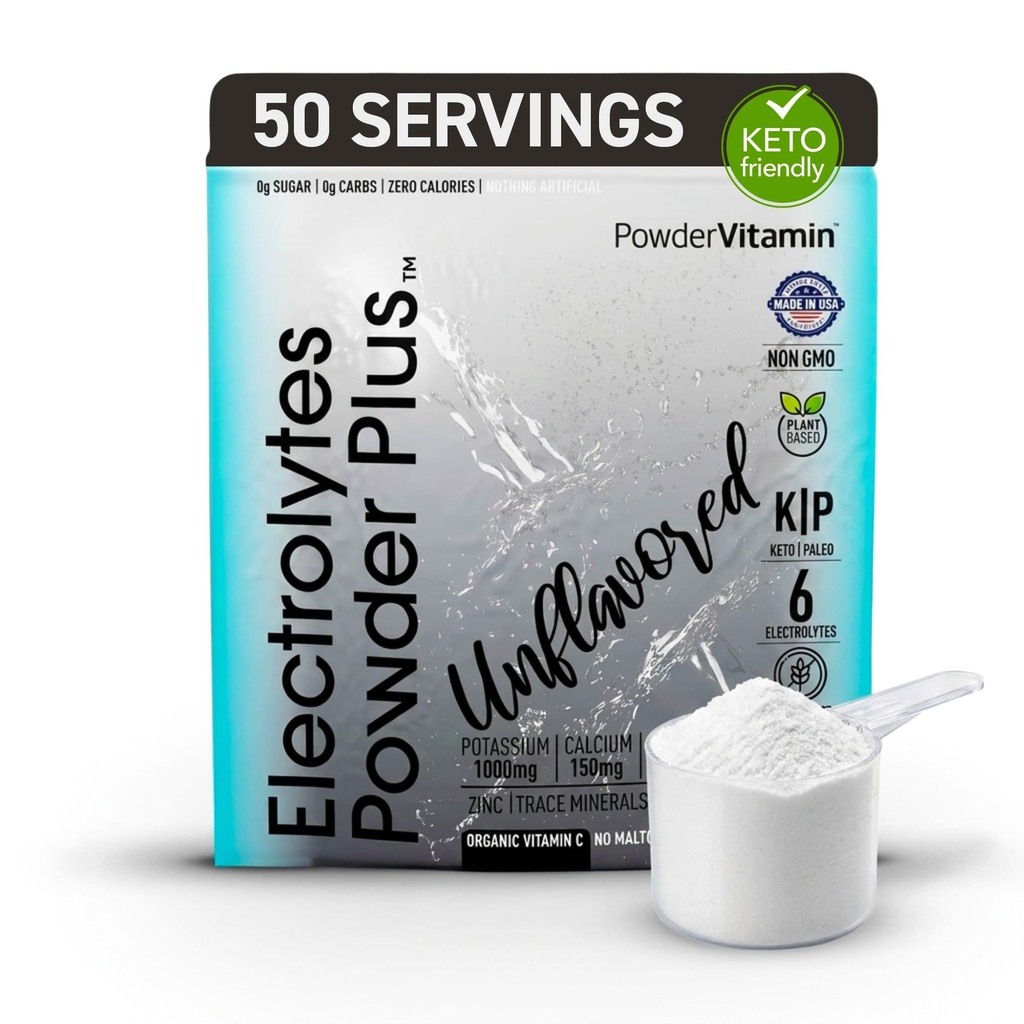 PowderVitamin Electrolytes Powder Plus (50 adag) Íztelen elektrolit por Keto, Sugar Free, Pink Himalájai só., 1000mg Kálium, 150mg kalcium, 150mg magnézium, NO Stevia