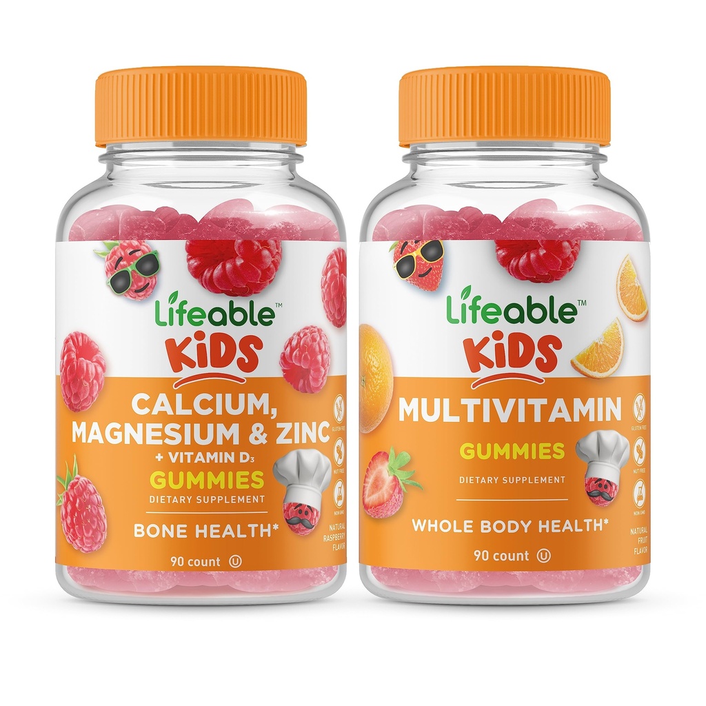Életképes kalcium Magnézium & Cink Kids + Multivitamin Kids, Gumicukor Bundle - Nagy ízű, vitamin kiegészítés, glutén mentes, GMO mentes, rágható gumi
