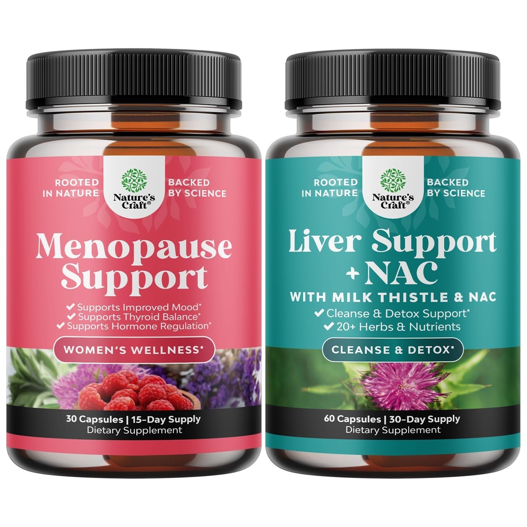 Bundle of Menopause Supplement for Hot Flash with Dong Quai Vitex Chaste Berry & Black Cohosh and Liver Support NAC - Milk Thistle N Acetyl Cystein with Turmeric, Coline, Dandelion & L- Gluthione