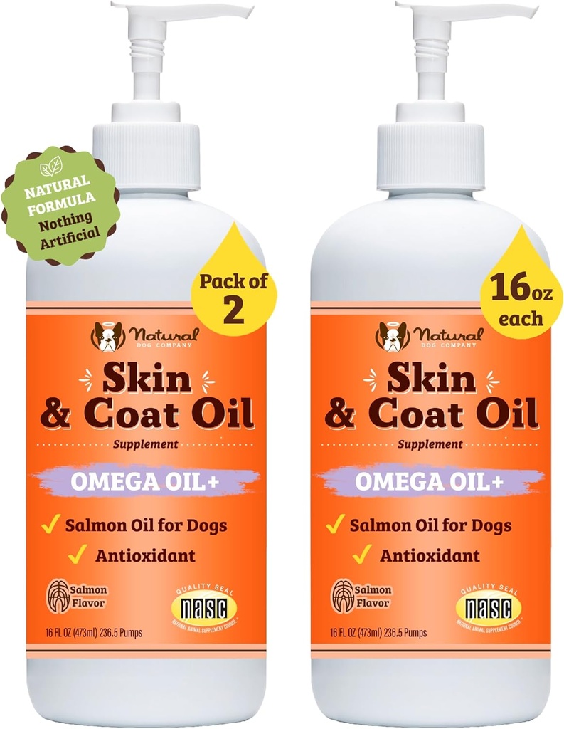 Natural Dog Company 2 Pack - 16 oz. Haut- und Mantelöl, unterstützt Hautgesundheit, Fischöl-Ergänzungen für Hunde, Fettsäuren, Antioxidans, für Mehr Hundefamilien, Große Zuchthunde, 32 oz. Wert