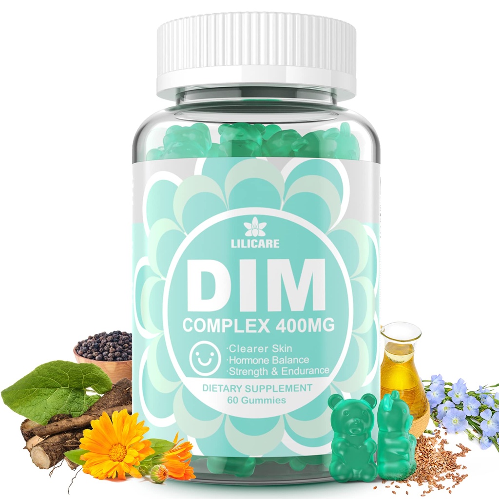 DIM-Ergänzung Frauen 400mg, Estrogen-Ergänzung für Frauen, Zuckerfreie DIM-Gummi für Männer und Frauen w/ Biotin, Flaxseed Oil, Burdock, Calendula, BioPerine für Hormon Balance, Menopause & Prostata 60Cts