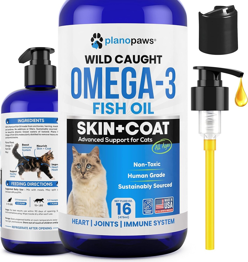 Omega 3 Fischöl für Katzen - besser als Lachsöl für Katzen - Kitten + Katze Vitamine und Nahrungsergänzungsmittel - Cat Health Supplies - Cat Dandruff Behandlung - Flüssiges Fischöl für Haustiere - Cat Shedding Products