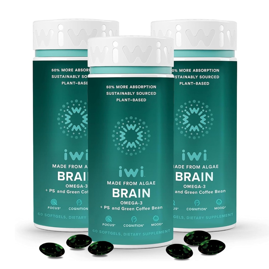 iwi life Brain Omega-3, 180 Softgels (90 Servierungen), Vegan pflanzenbasierte Algen Omega-3 mit EPA + DHA, Fokus, Gedächtnis und Stimmung Unterstützung Nahrungsergänzung, Krill & Fisch Öl Alternative, keine Fishy Nachgeschmack