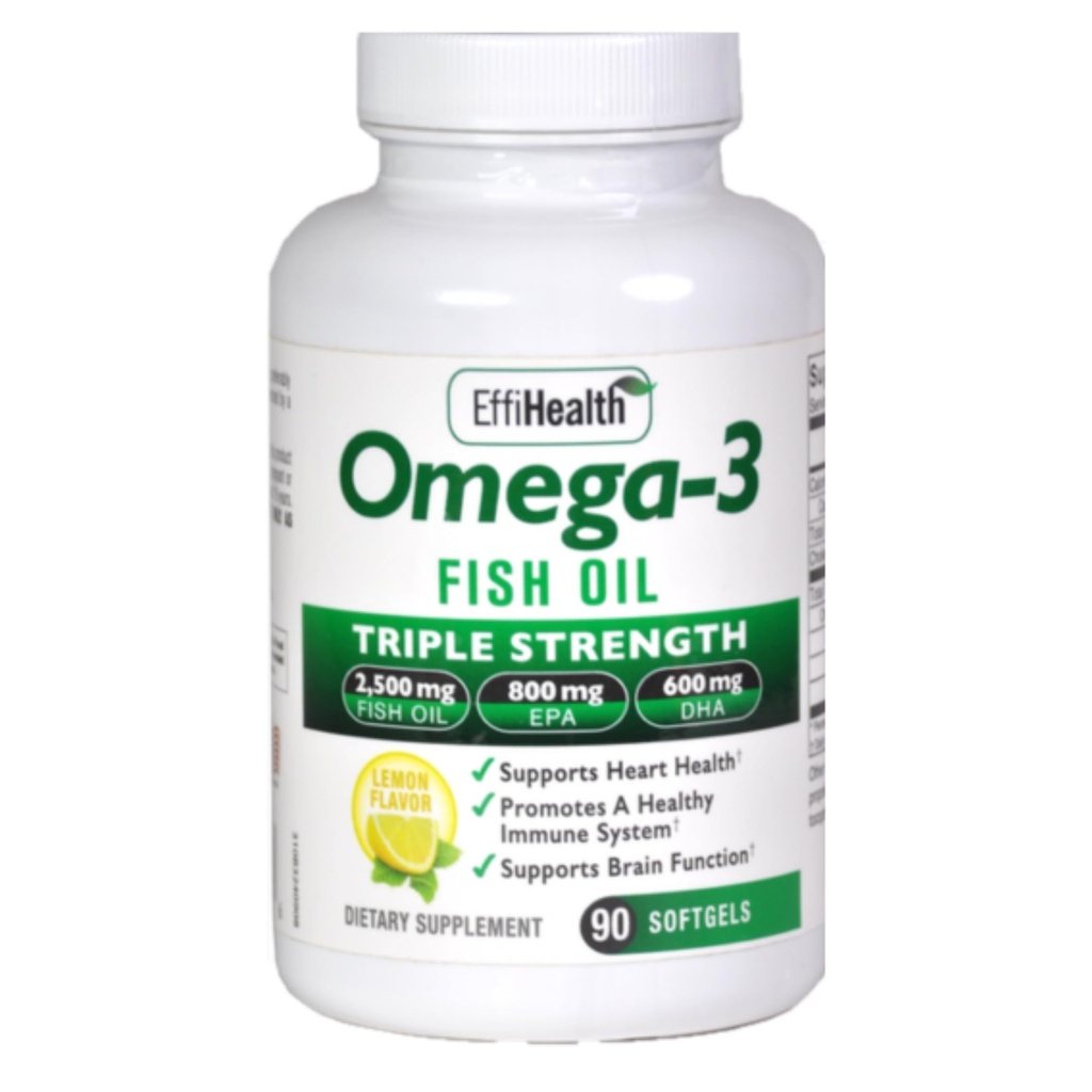 EffiHealth Omega-3 Fischöl - Dreifache Stärke 2500mg Fischöl, 1200mg EPA, 600mg DHA - Unterstützt Herz-Gesundheit, Gehirn-Gesundheit und Immununterstützung – Lemon Flavor, Burpless Fish Oil