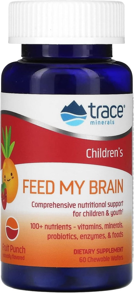 Trace Minerals Children 's feed My Brain - Brain Supplement for Kids - Multivitamin for Focus Support with Enzimes, Vitamins & Minerals - Fruit Punch Flavor, 60 Chewable Wafers (30 szerváció)