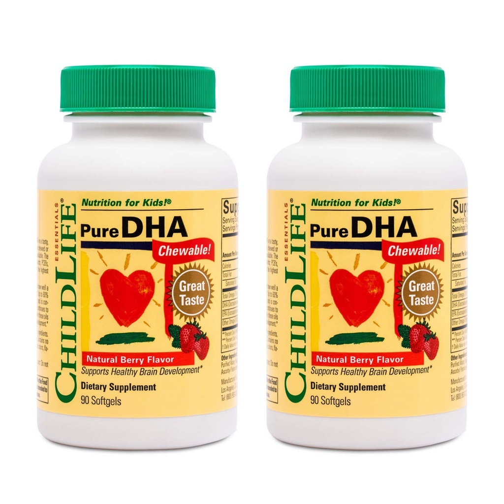 CHILDLIFE ESSENTIALS Pure DHA for Kids - Omega 3 Fish Oil Supplement for Children, Babies, & Toddlers, Pure DHA Softgel Chewables, Gluten Free, Natural Berry Flavor - 90 Softgels (Pack of 2)