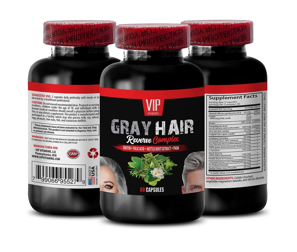 Hair growth vitamins - GRAY HAIR REVERSE COMPLEX - Gray hair reversal for women and men, Biotin, Fo-Ti Root Powder, Vitamin B-6, Horsetail Aerial Parts, PABA, Hair support 1 Bottle 60 Capsules