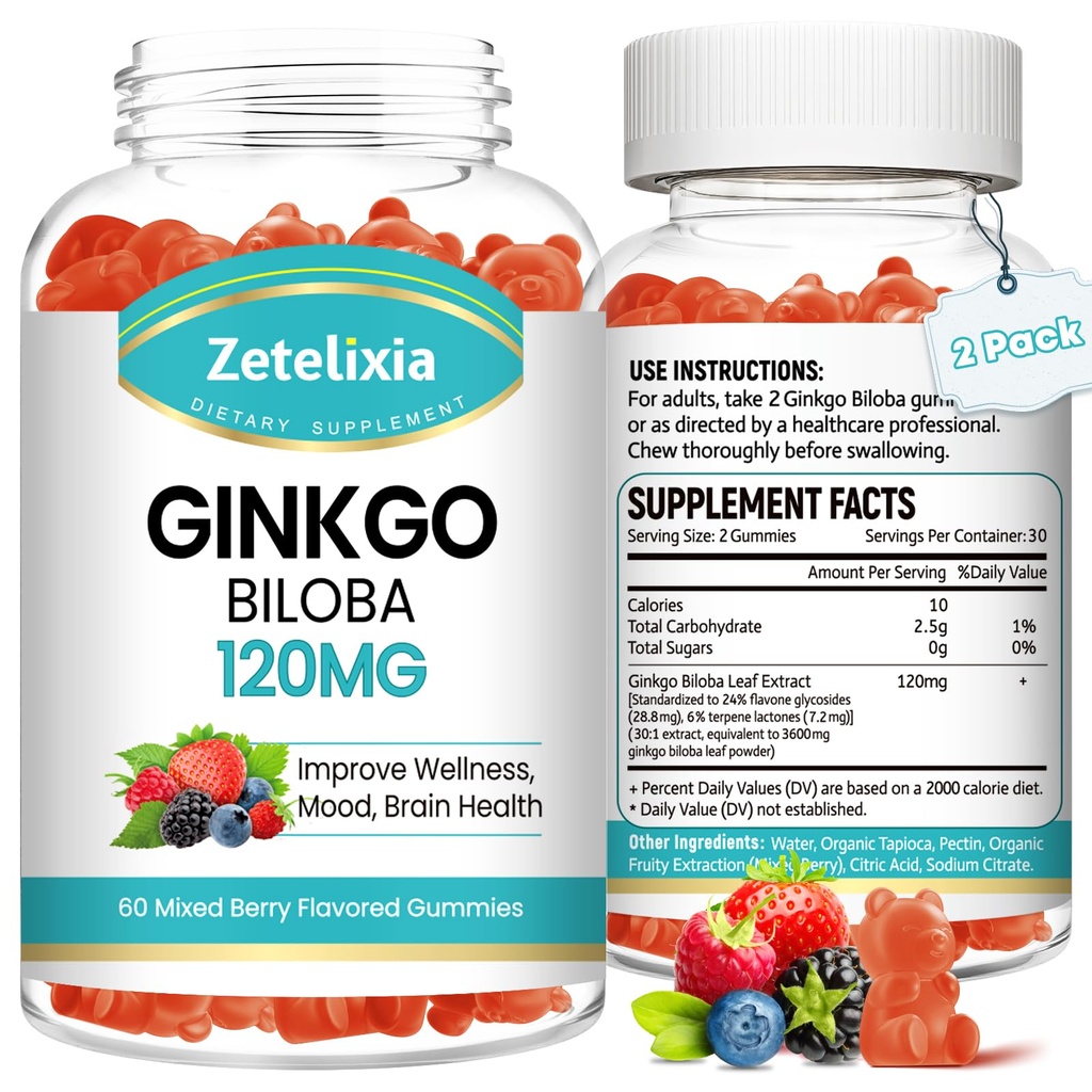 2 Pack Ginkgo Biloba Gummi für Frauen und Männer, Brain Ergänzung verbessern bessere Stimmung und Fokus, Vegan gemischte Berry Flavor 120 Count