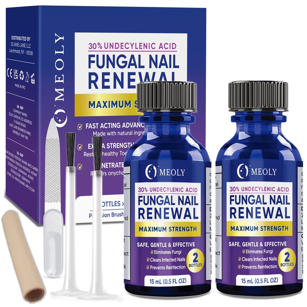 MEOLY Toenail Fungus Treatment: 30% Undecylenic Acid Extra Strength Toenail Fungus Treatment With natural oils -nail bandage, Toenail file & brush For Ingrown Nails & Discoloration 30 ml