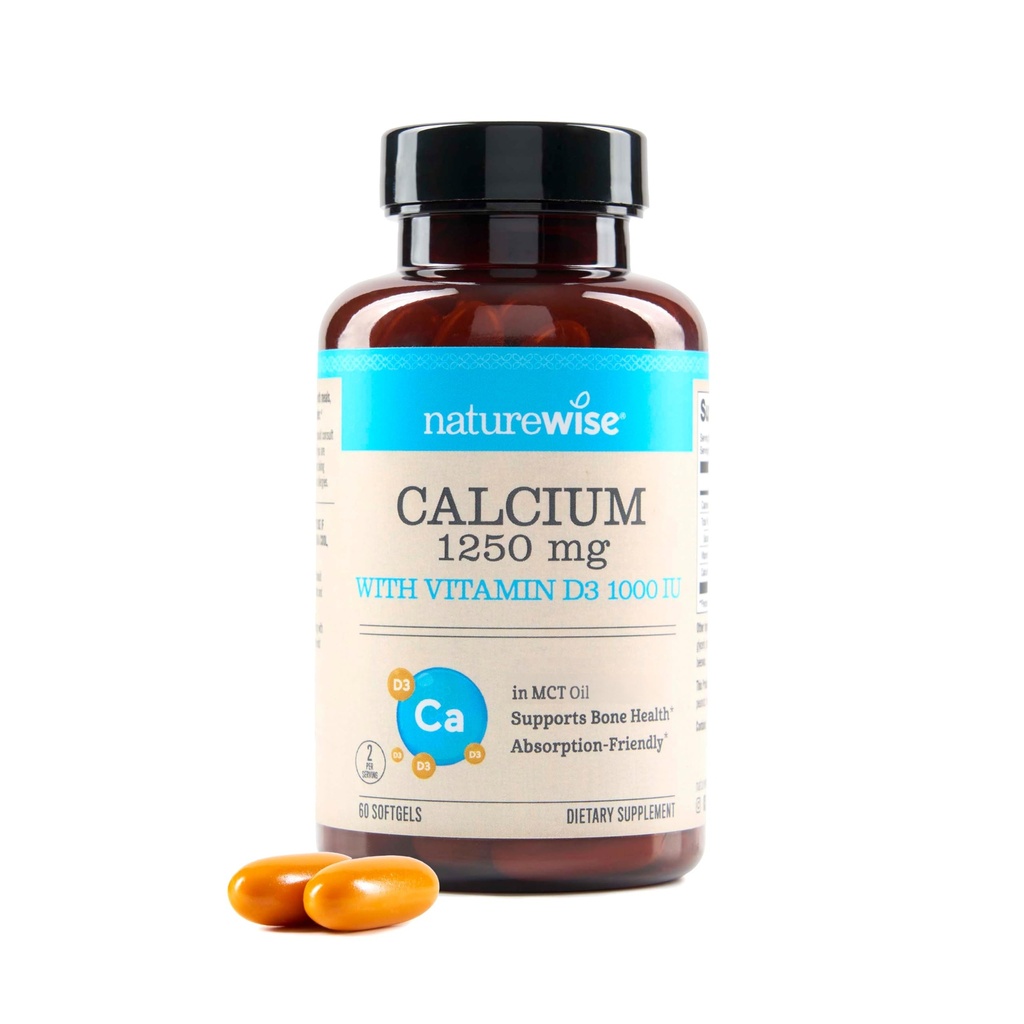 NatureWise magas tisztaságú, All- Natural Kalcium 1250mg + D3 1000NE + Organic MCT Coconut Oil - Terhesség Biztonságos + Non- GMO - Felszívódás Barátságos, Gluten Free - 60 Softgels [30- napos ellátás]