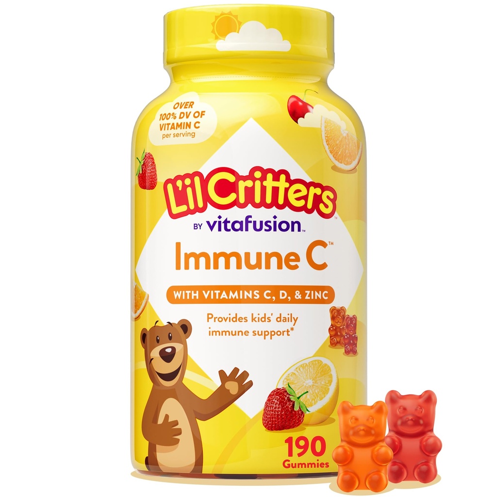 L 'il Kritériumok Immun C Napi gumi kiegészítő vitamin gyerekeknek, C-vitamin, D és cink immuntámogatás, narancs, citrom, szamóca és cseresznye ízesítők, 190 Gumies (csomagolás május Vary)