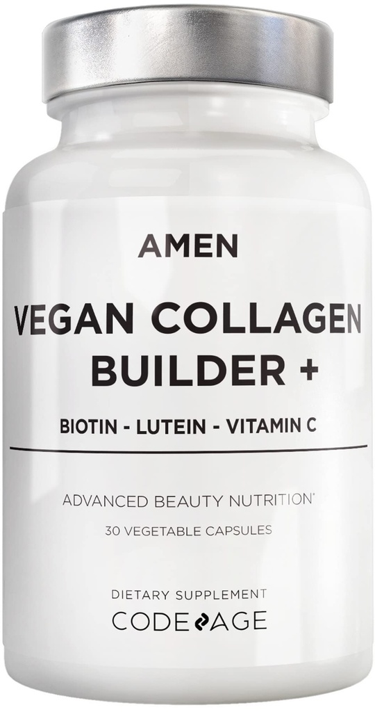 Amen Plant-Based Vegan Collagen Builder Supplement - Organic Whole Foods, Lutein, Vitamin C, Biotin, Lysine, Proline Collagen Boosters - Organic Cranberry, Lemon, Erdbeere - Einmal einen Tag - 30 Kapseln