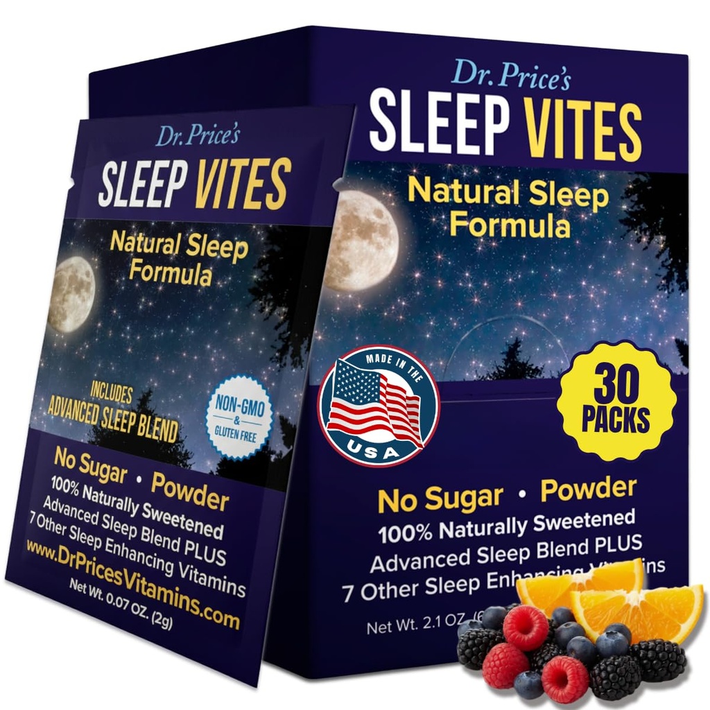 Dr. Price Vitamins Natural Sleep Aid - Alváskiegészítés - Melatonin az alváshoz - 30 csomag - Alvási segélyek Felnőttek, Tryptofán, Magnézium-por nyugtató, nem fulladásos alvástámogatás
