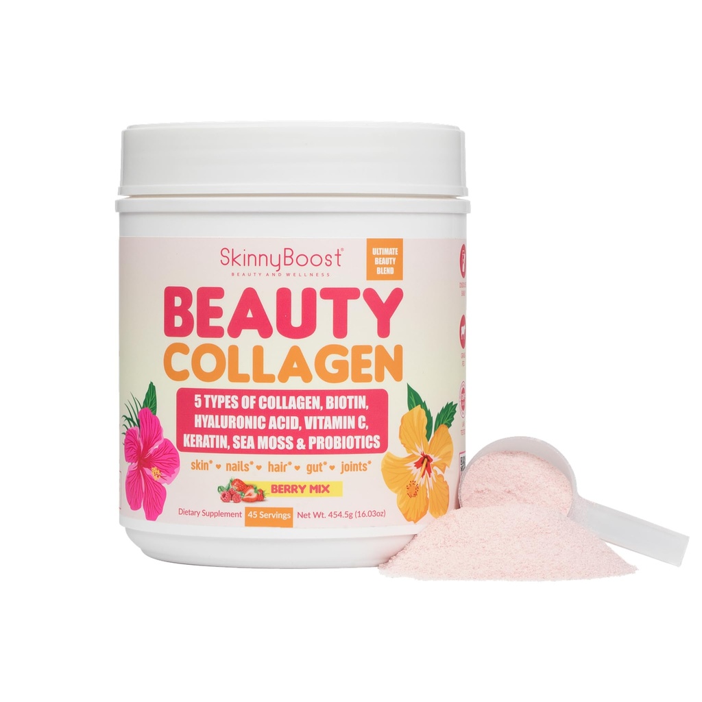 Beauty Collagen Powder-5 Types of Hydrolyzed Collagen, Sea Moss, Biotin, Keratin, Hyaluronic Acid, Vitamin C and Probiotics–Hair, Skin, Nails- All Natural, Made in USA-45 Servings- Mixed Berry