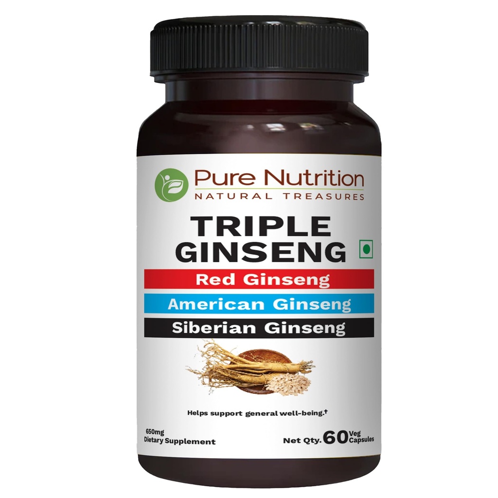 Pure Nutrition Triple Ginseng - egy egyedi és hatékony kombinációja Red Ginseng, Amerikai Ginseng és Szibériai Ginseng. 790mg / kapszula 124; 60 Veg Caps csomag
