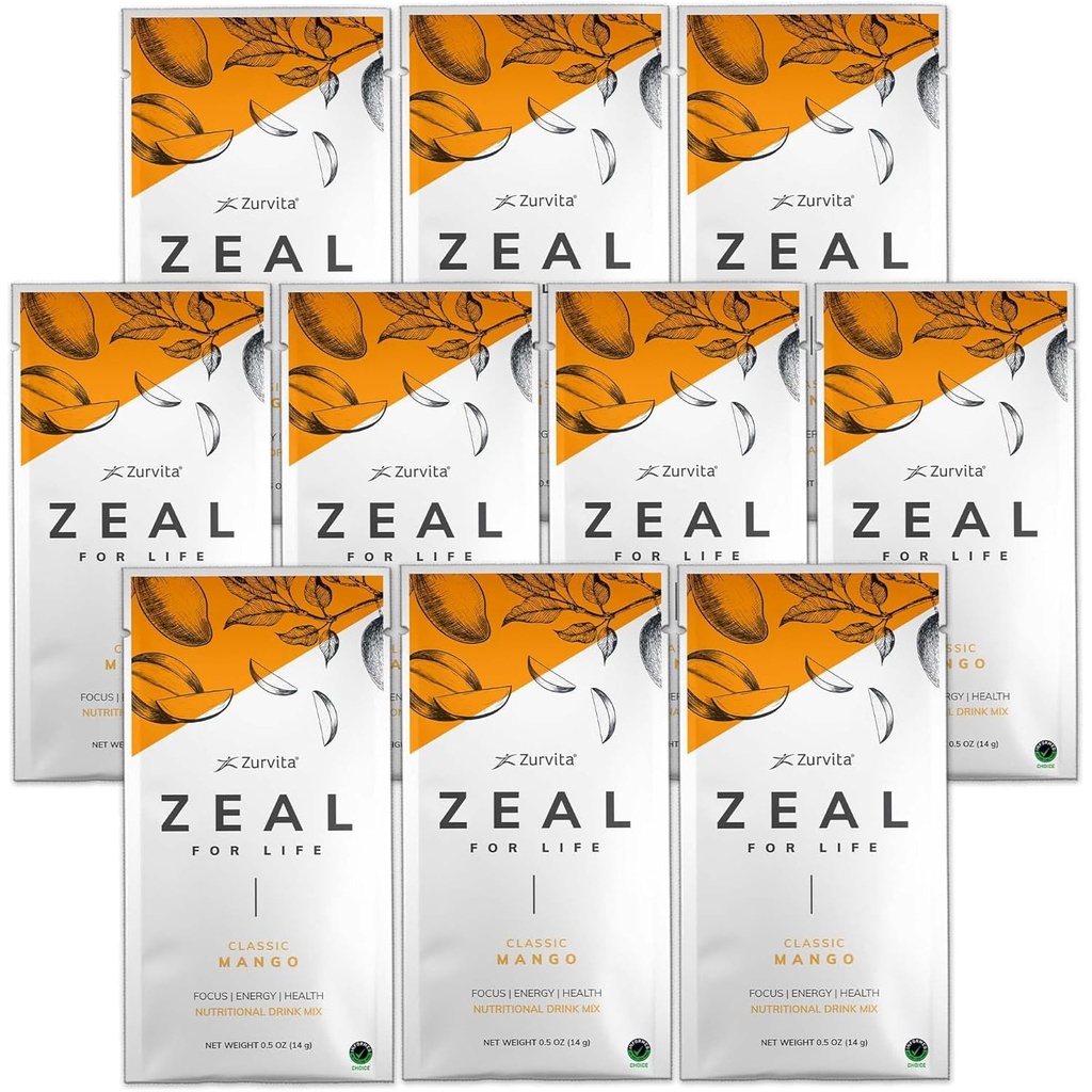 Zurvita - Zeal for Life Wellness Drink Mix - Classic Mango Flavor - Glutenfrei, Vegan, mit Biotin, Vitaminen und Mineralien für die Gesundheit - 10 Pakete