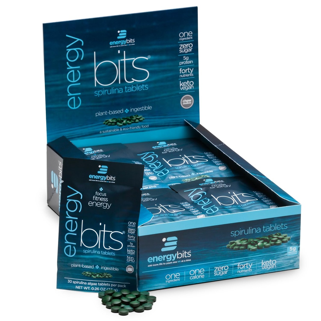 ENERGYBITS Organic Spirulina Tablets (900 Algae Tablets) Natural Superfood for Energy, Fitness & Focus - 5g Protein, 1 Calorie, Sugar Free - Omega 3 - Spirulina Capsules - Gluten Free, Keto & Vegan