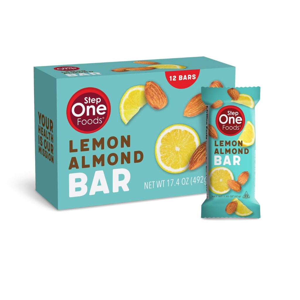 Step One Foods Lemon Almond Bar, Heart Healthy Snack Plant Sterols, Omega 3 's High Fiber Snack Gluten & Dairy Free, Vegan, Zero Nátrium-, Granola Bars (12 Pack)