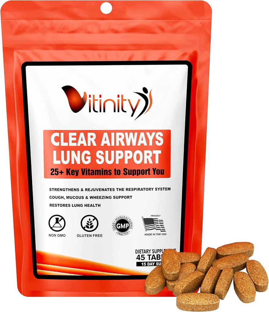 VITINITY Lung Cleanse Légzőszervi Immunszuppresszív Supplement, 25 + Key Ingredient Tung Health Detox légzésre, Asztma, Szezonális Allergia Tablet (15 nap)