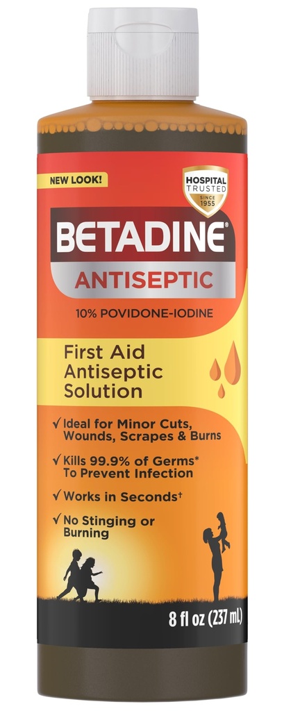 Betadine Antiszeptikus elsősegély megoldás, Povidon-jód 10%, Fertőzés védelem, megöli Germs kisebb Cuts scrapes és Burns, Sting ígéret, No alkohol vagy hidrogén peroxid, 8 FL OZ