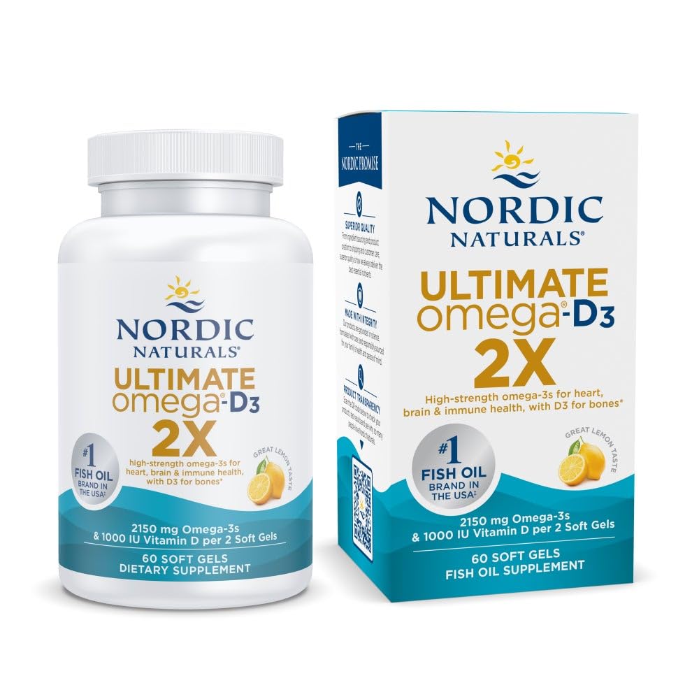 Nordic Naturals Ultimate Omega 2X mit Vitamin D3, Zitronengeschmack - 60 weiche Gele - 2150 mg Omega-3 + 1000 IE D3 - EPA & DHA - Gehirn, Herz & Immungesundheit - 30 Portionen