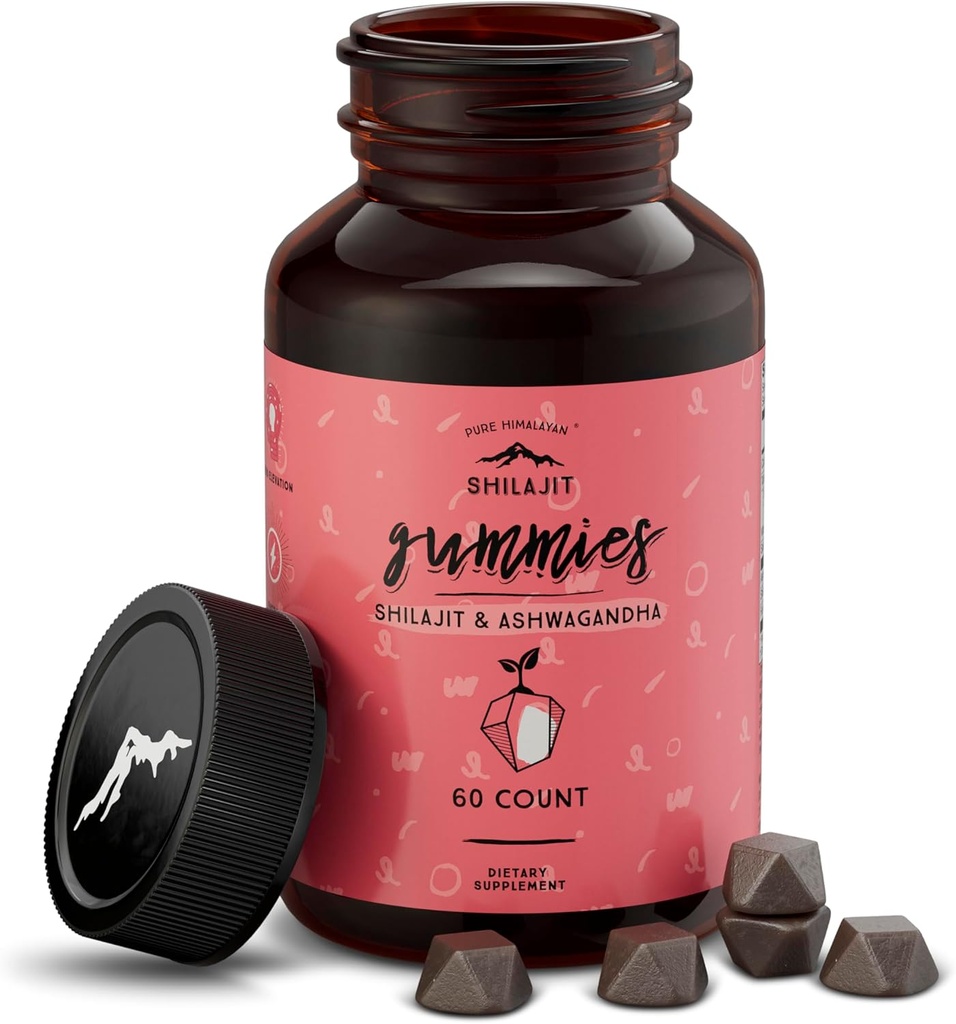 Pure Himaláján Shilajit Gumies, Sugar- Free, 85 + Trace Ásványok & Fulvic Acid for Energy, Metabolizmus & Immune Support, Shilajit for Man & Women, Ashwaghanda Gumies (60 gróf)
