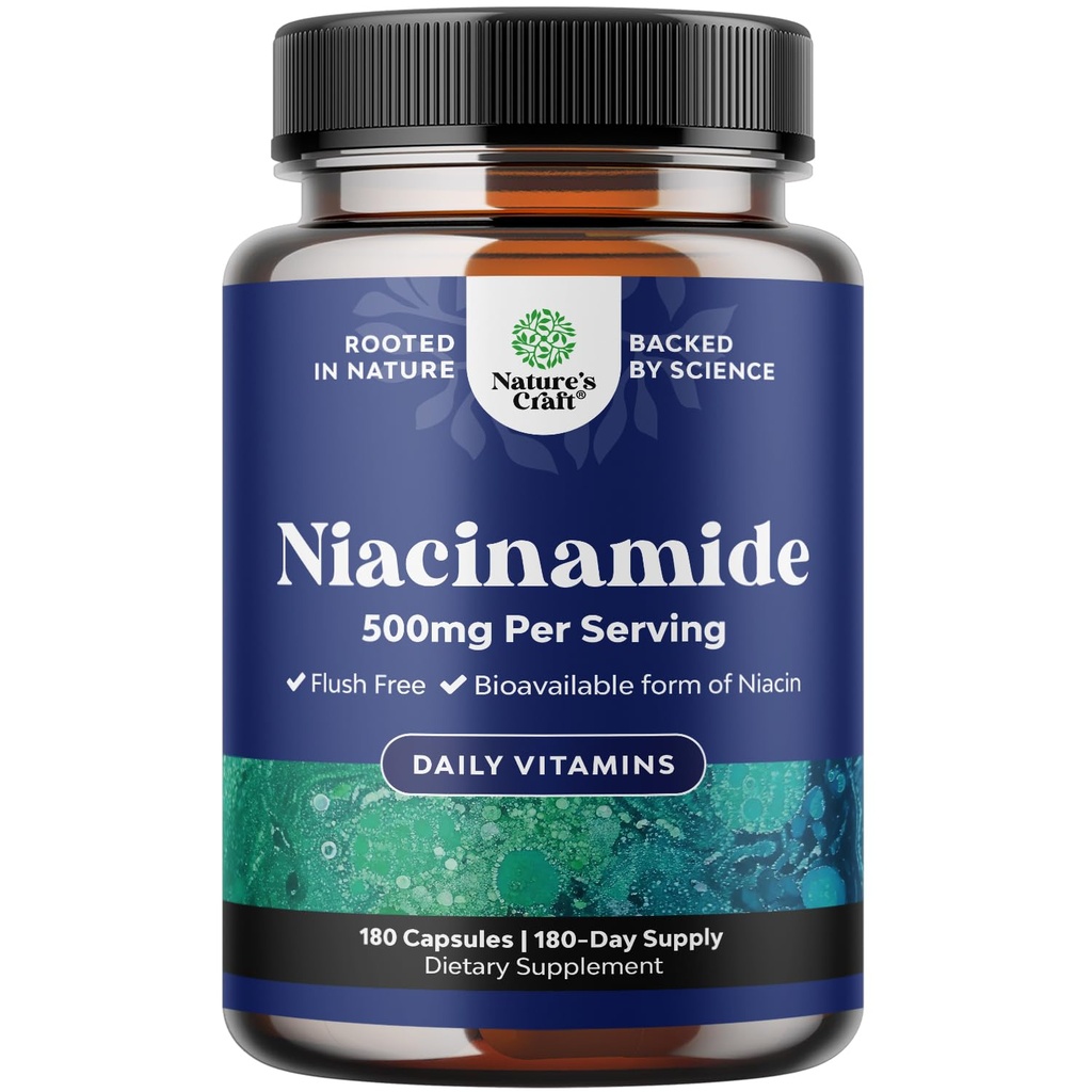Pure Vitamin B3 Niacinamide 500mg Capsules - Niacinamide (Vit B3) 500mg Flush Free Form of B3 Vitamins for Skin Health Detox & NAD Production Support for Women & Men - Healthy Skin Supplement - 180 Ct