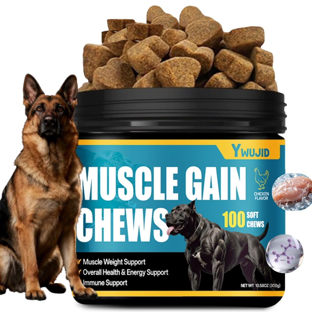 Dog Muscle Gain Power Chews-Canine Weight Gainer Formula,High Protein,Multivitamins,Overall Health & Energy,Immune Support,Muscle Building Supplement for Puppies,Adult & Senior Dogs-Chicken
