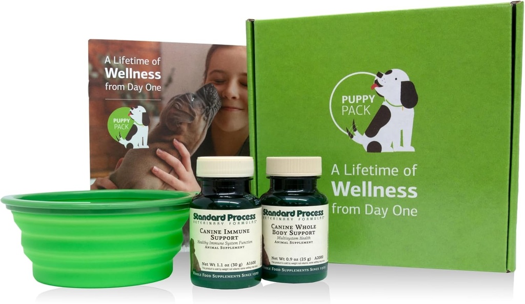 Standard Process Puppy Pack - Kutya Immun & Teljes-Body támogatás por kiegészítők - Kiskutya támogató készlet kutya egész test támogatása és kutya immunrendszer támogatása - tartalmazza összecsukható víz Bowl