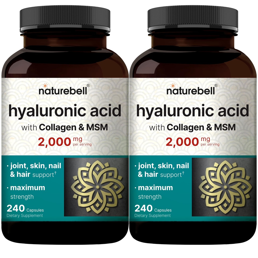 Naturebell 2 Pack Hyaluronic Acid Supplements 2000 mg A124; 480 Total Capsules, with MSM & Hydrolized Bovine Collagen - 3 in 1 Support for Skin Hydration, Joint Lessentation, Hair, and Eye Health