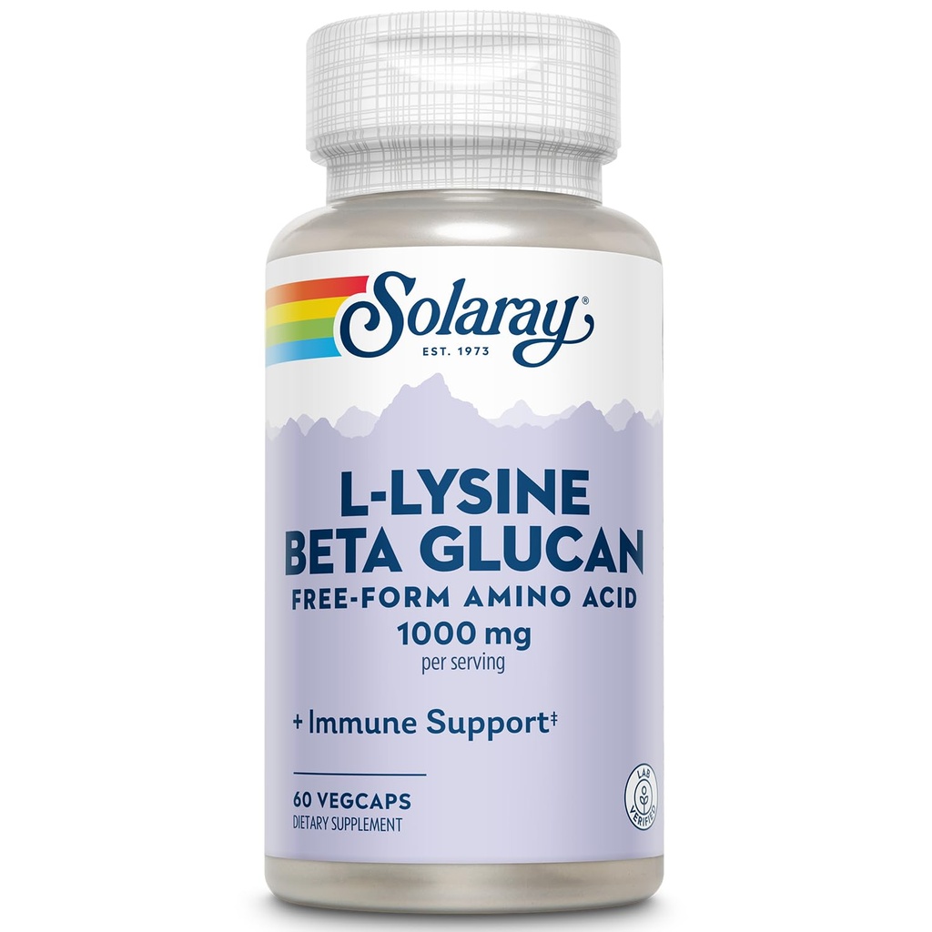 SOLARAY L-Lysine mit Beta Glucan, freie Form Aminosäure, L-Lysine 1000mg Kapseln, Immununterstützungsergänzung, Gesunde Haut und Lippen Unterstützung, 60-Tage Garantie, Lab Verified, 30 Servierungen, 60 VegCaps