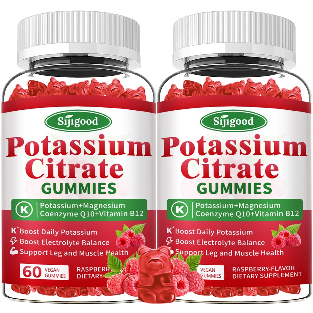 2 Pack Kálium Citrate Gumies - Kálium kiegészítése izom egészség, Leg Cramp Relief & Electrolyte Balance, Vegan, Non-GMO, Gluten- Free, Málna Flavor, 120 gróf