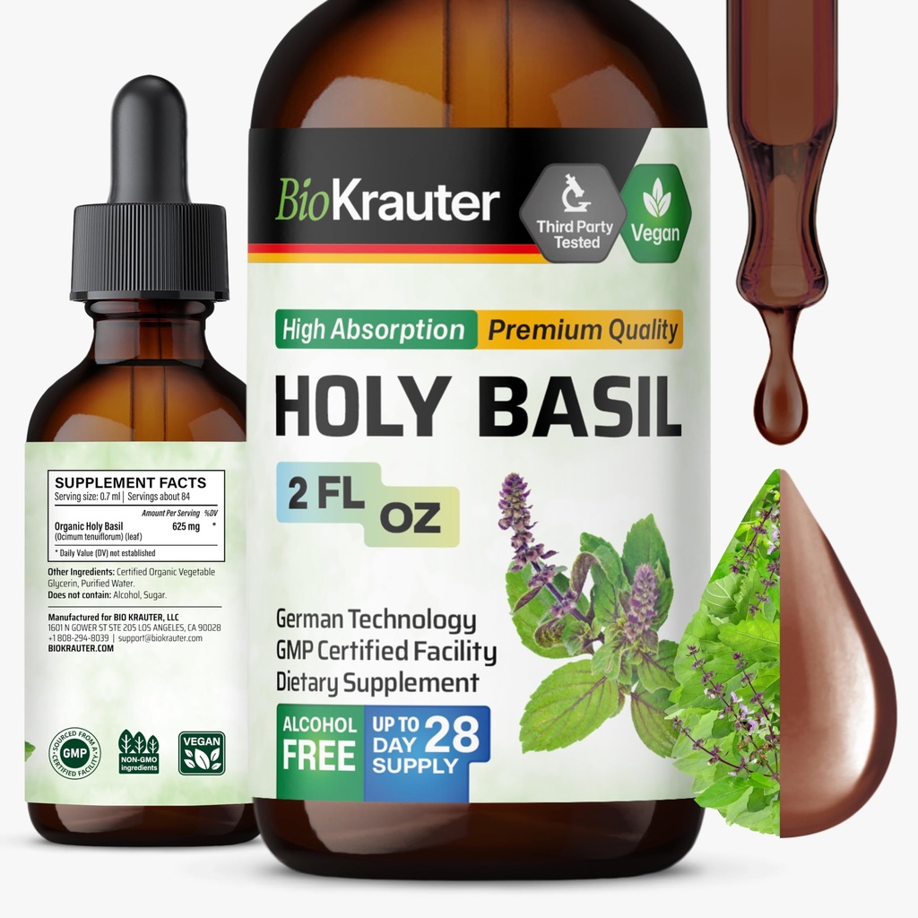 BIO KRAUTER Holy Basil Tincture - Tulsi Powder Liquid Extract - unterstützt Beruhigung und Entspannung - Ursolic Acid Supplement - Alkohol und Zuckerfrei - Vegan Tropfen 2 Fl.Oz.