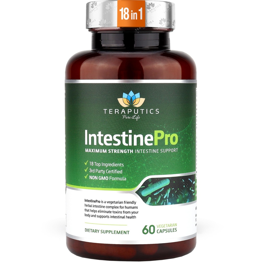 IntestinePro - Gut Health Supplement mit Non-GMO Wormwood, Black Walnut, Clove, Kürbis Seed + 14 weitere Premium Zutaten - Natürliche Unterstützung für Menschen - 60 vegetarische Kapseln
