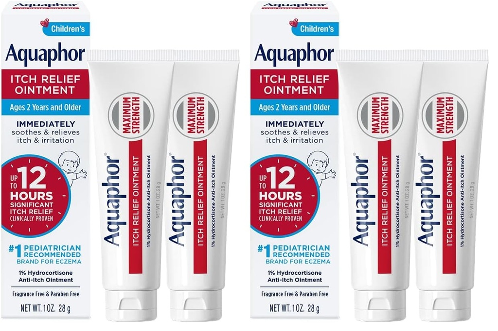 Aquaphor Children's Itch Relief Ointment,1% Hydrocortisone Anti Itch Ointment for Skin Irritation,Insect Bites,Psoriasis,Skin Rashes Eczema & Poison Ivy,Fragrance Free,1 Oz Tube,(Pack of 4)