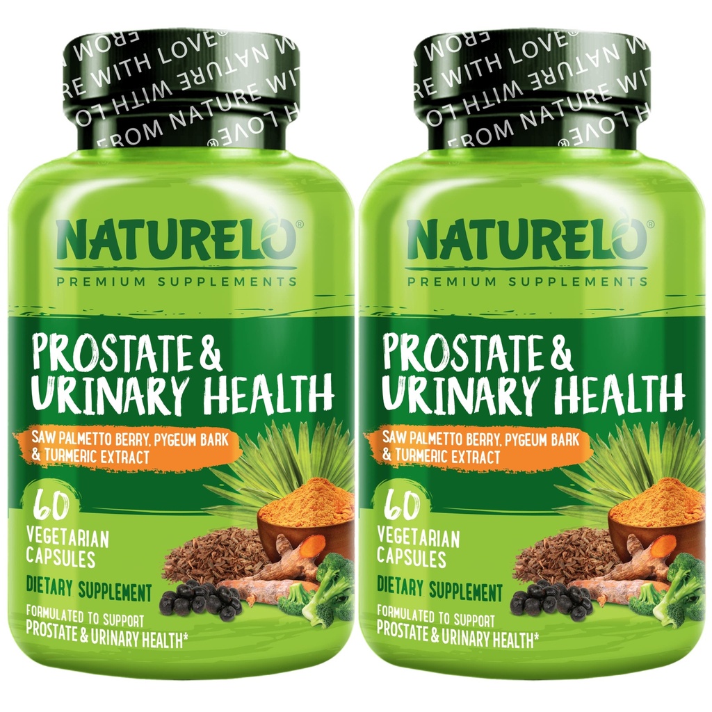NATURELO Prosztata & Vizelet Egészség, Átfogó formula Fűrész Palmetto, Pygeum, Tumeric, Növényszteroidok, Brokkoli és Lycopene, 60 Vegetáriánus kapszula (2-es csomag)
