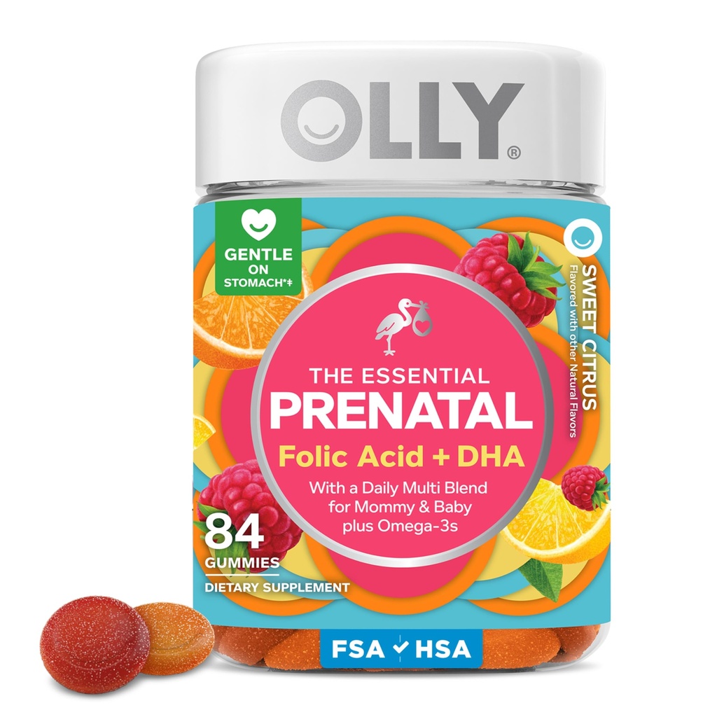 OLLY Essential Prenatal Gummy Multivitamin, Folsäure, Vitamin D, Omega 3 DHA, unterstützt gesundes Wachstum und Gehirnentwicklung, Citrus Berry - 84 Count