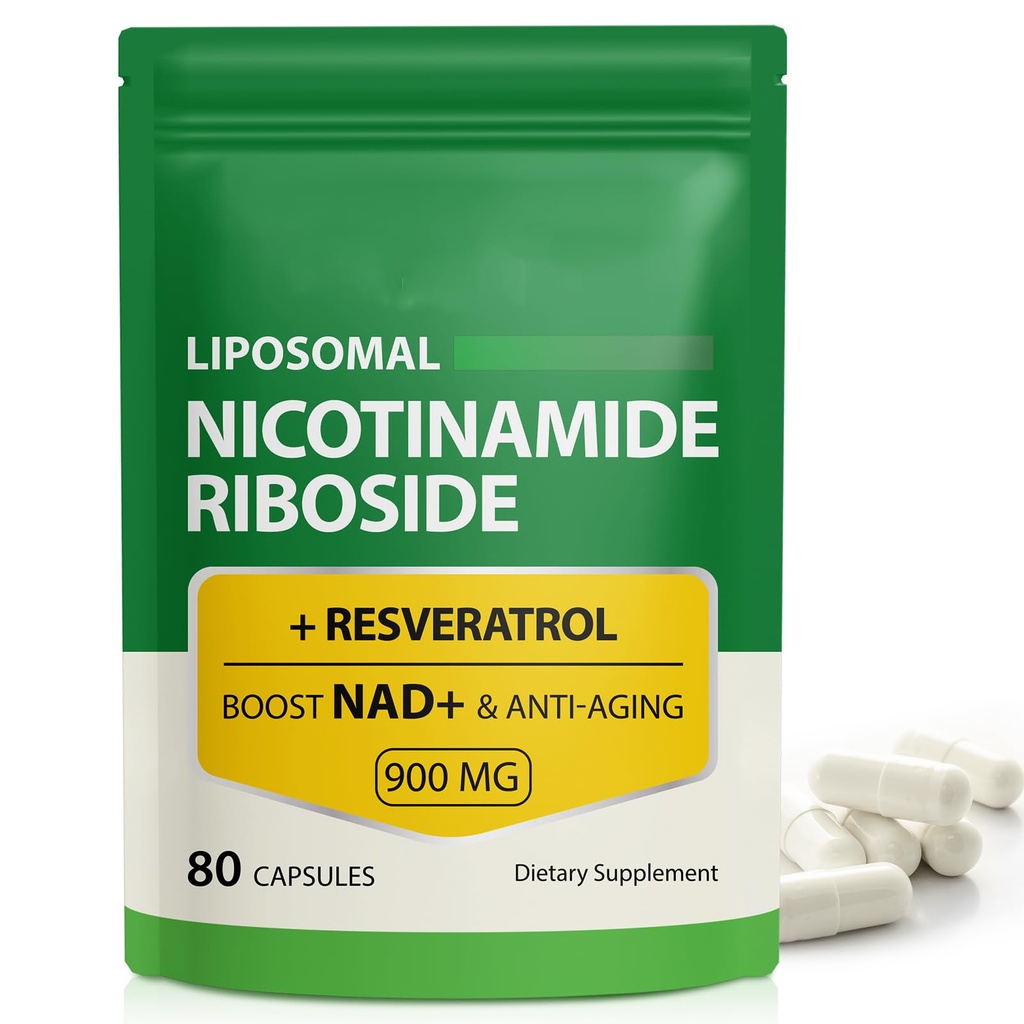 NAD Supplement, 900mg - Liposomal Nicotinamid Riboside NAD+ Ergänzung mit Resveratrol unterstützt Muskel, Gehirn, Cellular Energy - NMN Ergänzung Alternative für Männer und Frauen, 80 Kapseln (Pack von 1)
