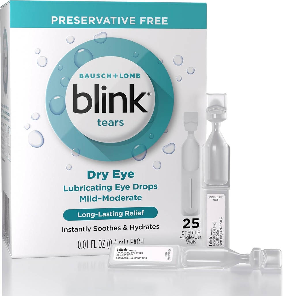 Blink könnyek Kenőszer Szemcseppek Preservative Free, Nedvesítő és Soothing az enyhe-közepes száraz szem, Hyaluronate, Csökkenti a diszkomfort, Long- Tartós hidratálás, 0.01 Single-Use Vials, 25 gróf