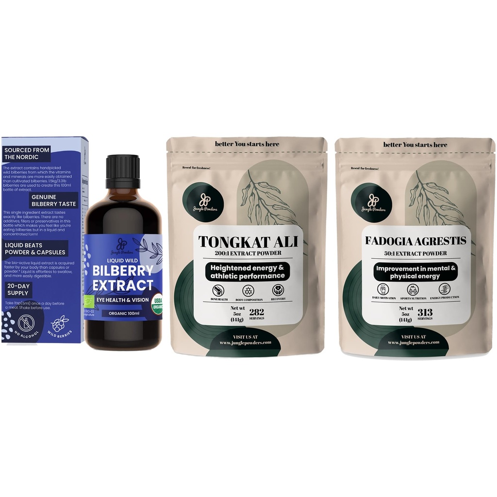 Jungle Powders Bilberry Extract for Eyes Organic 3.4 Ounce Bottle of Liquid Bilberry Supplement for Eyes, Tongkat Ali for Men Powder 5 Ounce Bag, Fadogia Agrestis Extract for Men