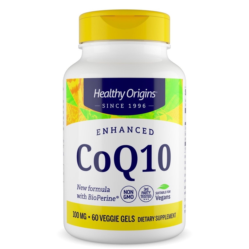 Healthy Origins Natural Enhanced CoQ10 (BioPerine®), 100 mg - Heart Health & Energy Supplement - Gluten-Free & Non-GMO Supplements, with BioPerine & Sunflower Lecithin ((Pack of 1) 60 Veggie Gels)