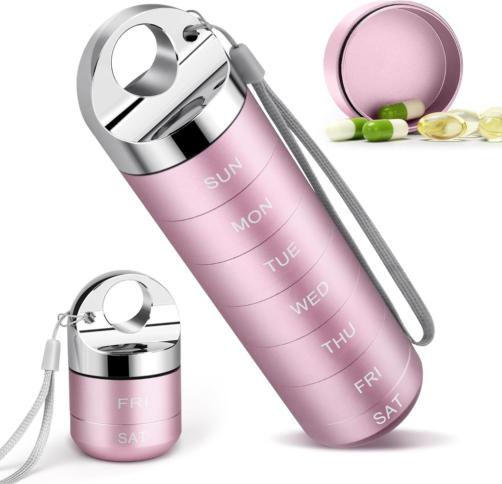 Metall Reise Pille Organizer, Portable Weekly Pill Box, Wasserdichte große Aluminiumlegierung 7 Tage Vitamin Container, BPA kostenlose tägliche Medizin Organizer Halter für Vitamin, Supplement, Fischöl (Cute Pink)