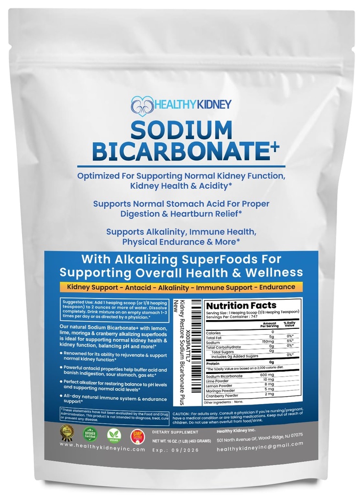 Organic Use Sodium Bicarbonate Alkaline Supplement for Alkalinity. Support Kidneys & Stomach Acid Neutralizer w/Alkaline Superfoods. Sodium Bicarbonate Powder Kidney Immune Support Antacid Sports 1LB