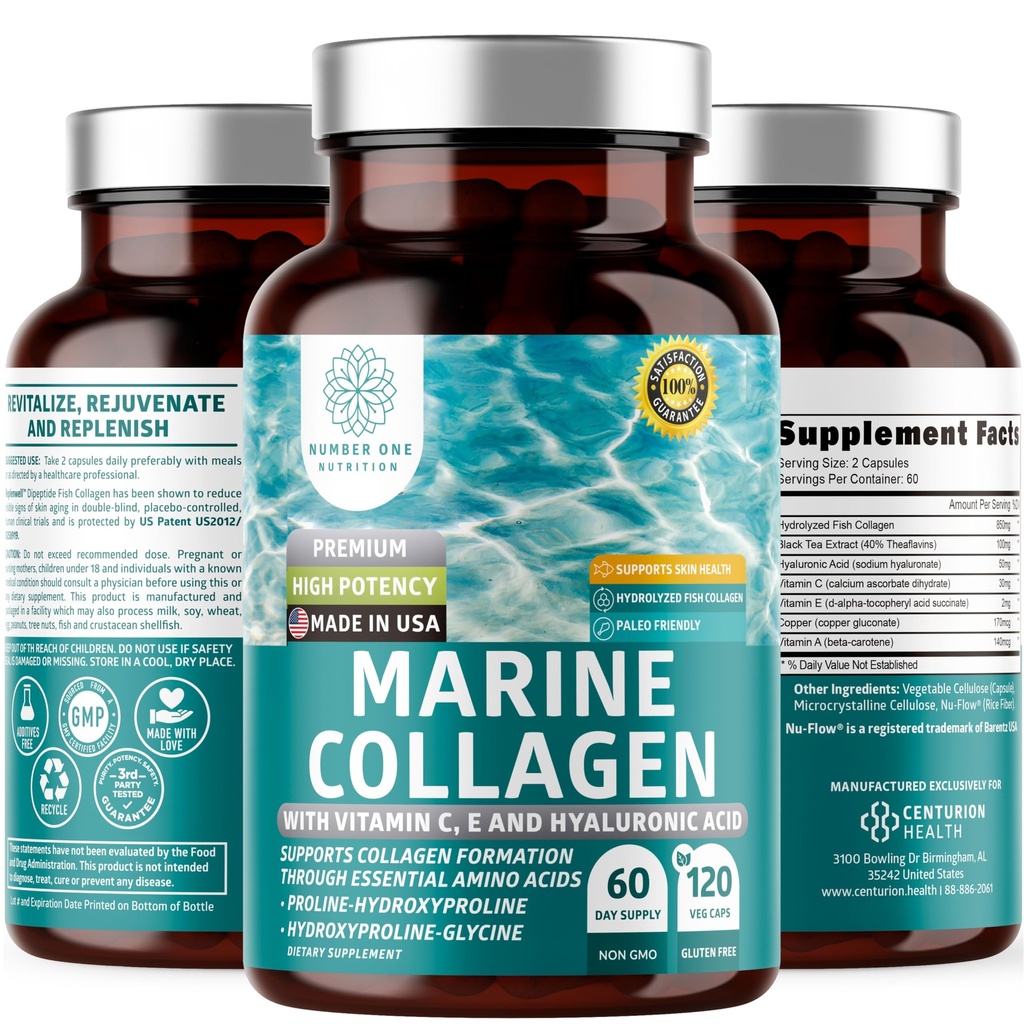 Premium Marine Collagen Dipeptide mit Hyaluronsäure, Vitamin C, Theaflavin und Kupfer, Collagen Supplement für Frauen und Männer für Radiant Haut, Haar & Nägel, Glutenfreie und nicht-GMO, 120 Veg Caps